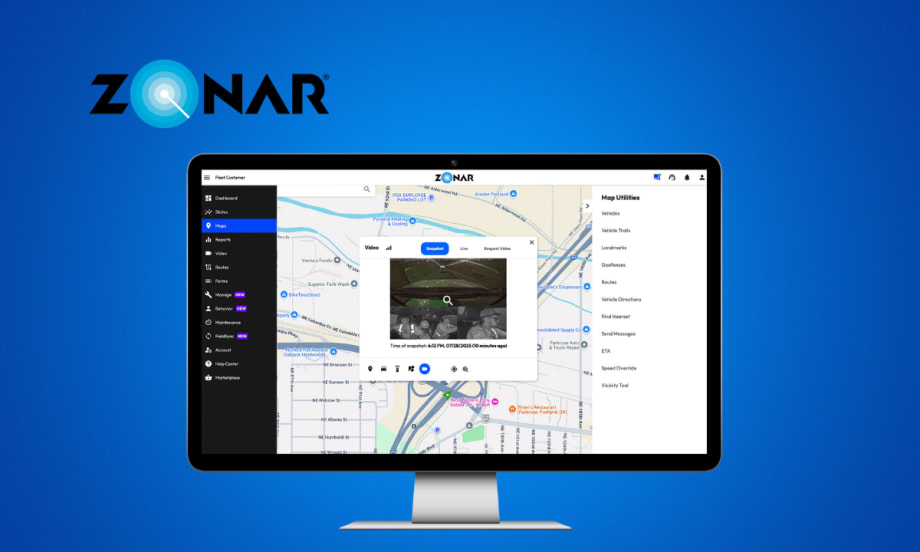 Blue background with inset image of a computer screen containing fleet analytics, and a logo in the upper left for Zonar.