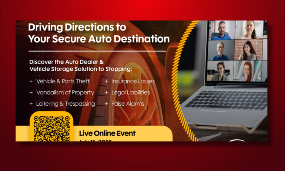 Graphic for July 15, 2025 webinar “Driving Directions to Your Secure Auto Destination,” listing vehicle theft, vandalism, insurance losses, and other security risks with a laptop meeting image.