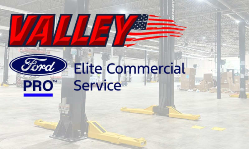 Background image of an automotive shop interior with logos for Valley, Ford Pro, and Elite Commercial Service.