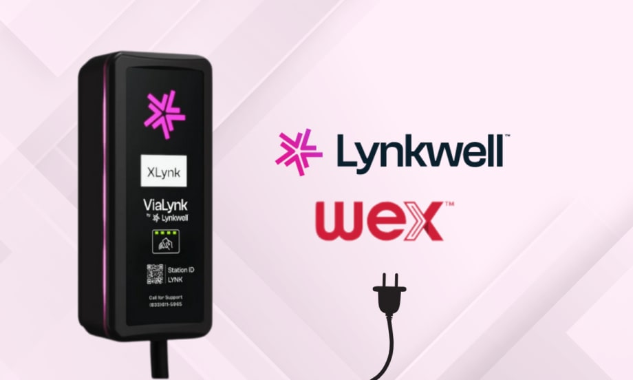 Lynkwell XLynk EV charger with Lynkwell and WEX logos on a light pink background, symbolizing the new payment integration for fleet charging.