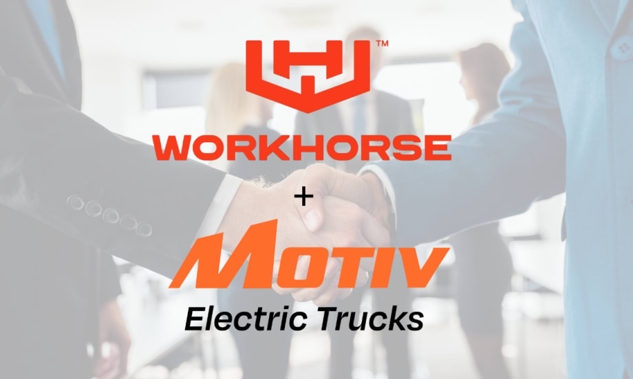 Faint background image of a handshake and business people, with inset logos for Workhorse and Motiv Electric Trucks.