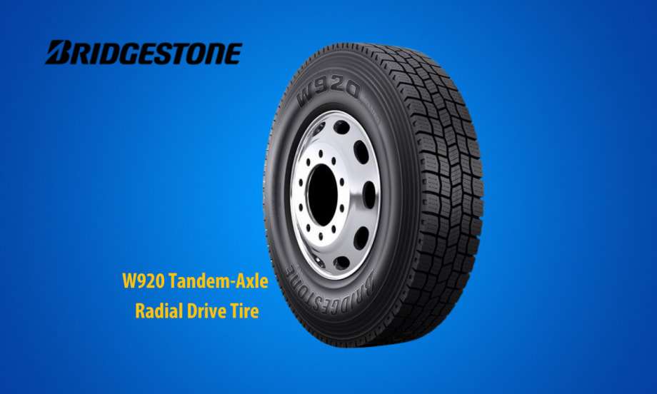 Truck tire against a blue background with inset Bridgestone logo and yellow text with the name of the tire.