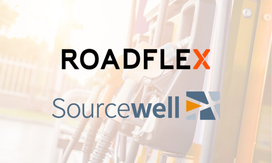Logos of RoadFlex and Sourcewell displayed over a blurred background of a fuel pump nozzle, representing their new cooperative purchasing contract partnership.