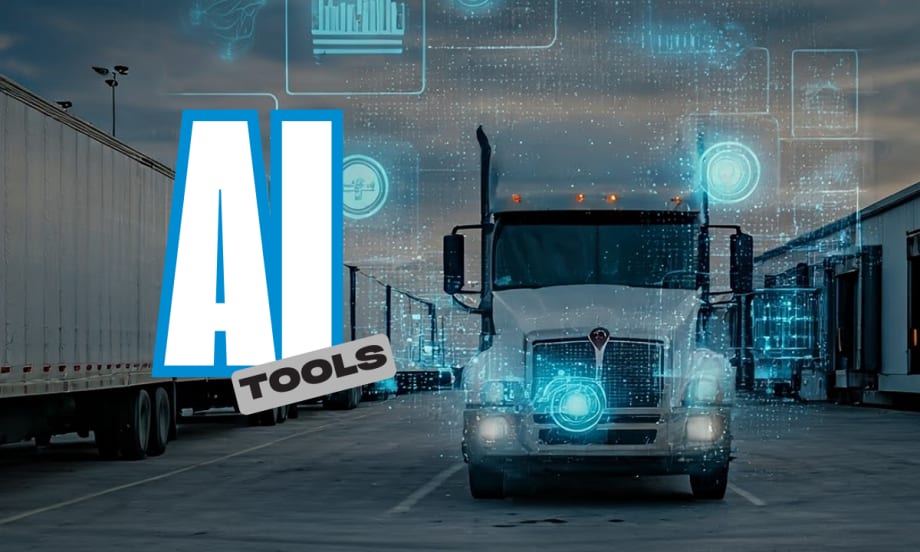 A semi-truck with digital overlays representing AI technology. Fleetworthy is rolling out new AI tools for fleet safety, compliance, toll management, and real-time risk monitoring.
