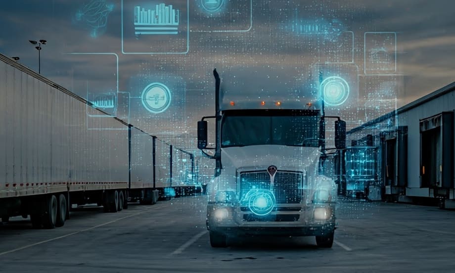 A semi-truck at a loading dock overlaid with digital icons, symbolizing Fleetworthy’s integration of AI technology into fleet safety, compliance, and operations.
