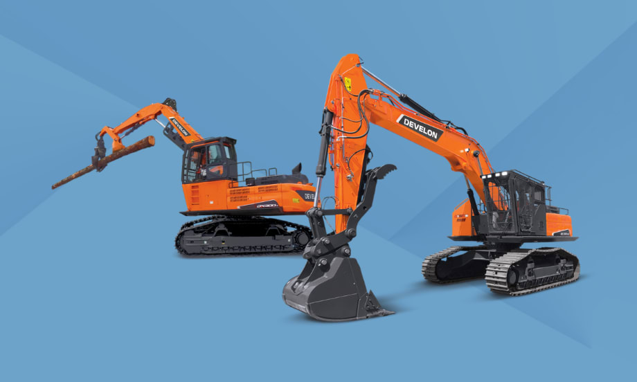 Two orange Develon tracked forestry machines, including a log loader lifting a large tree and a road builder with reinforced cab, displayed on a blue background.