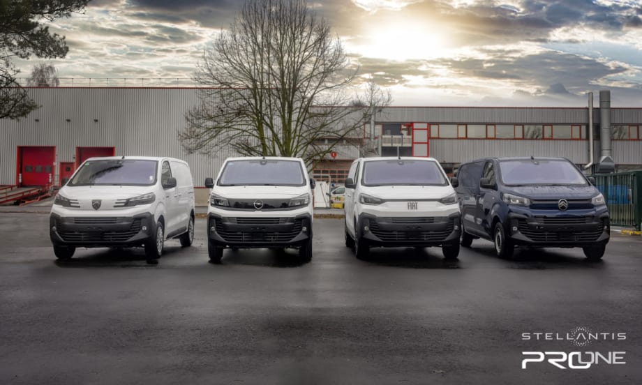 Stellantis Pro One commercial vehicle lineup on a cloudy day