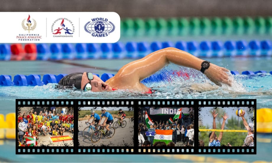 Swimmer in pool with World Police & Fire Games logos, sports montage film strip