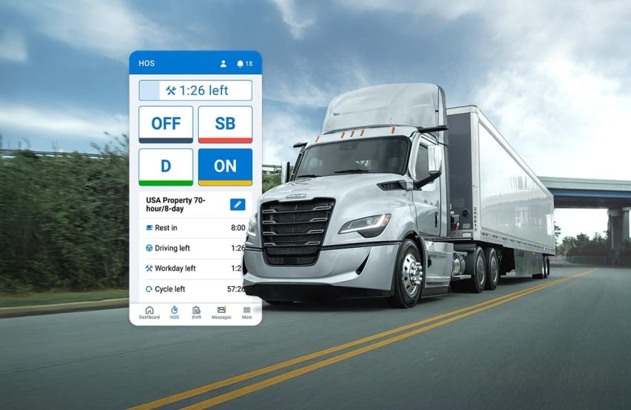 Image of Freightliner truck on highway with Geotab ELD screen