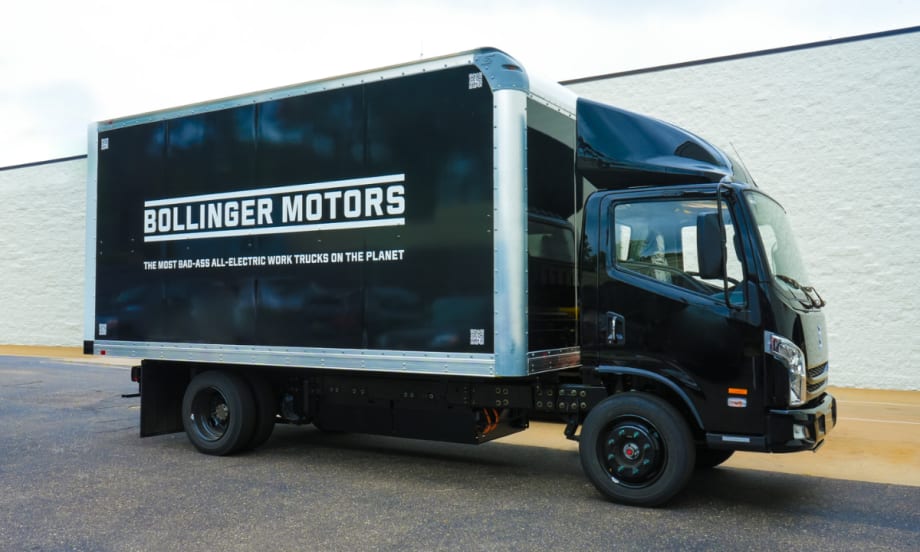 Bollinger B4 all-electric Class 4 chassis cab truck with box body, now offered by Ziegler and Range Truck Group in Minnesota, Wisconsin, Iowa, and Washington.