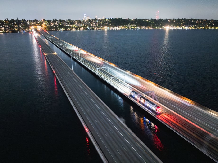 Seattle's First Powered Light Rail Vehicle Crosses I-90 Floating Bridge