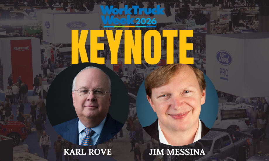 Graphic promoting Work Truck Week 2026 keynote featuring Karl Rove and Jim Messina with event background.