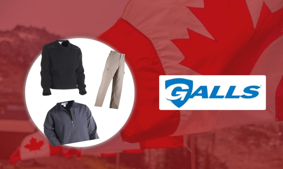 Galls logo with tactical clothing on Canadian flag background