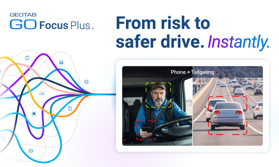 Illustration showing Geotab GO Focus Plus detecting a truck driver using a phone and tailgating on a highway, with alerts highlighted on the screen.