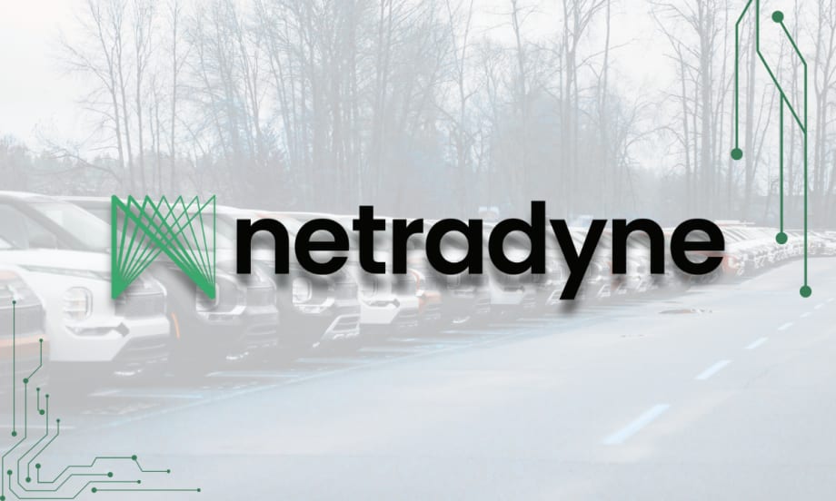 The Netradyne logo displayed over a faded background of parked fleet vehicles, with circuit-style graphics framing the corners to emphasize technology and connectivity.