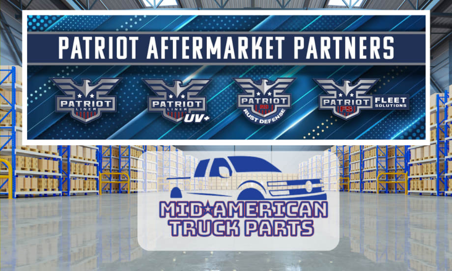 Company logos for Patriot Aftermarket Partners and Mid-America Truck Parts in front of background image of a warehouse.