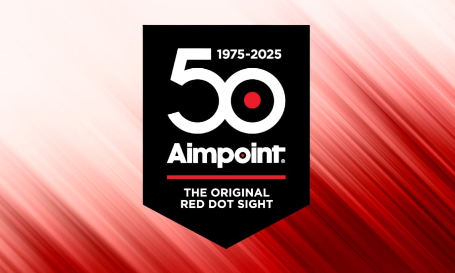 Aimpoint 50th Anniversary Logo - Black Shield with White and Red Design