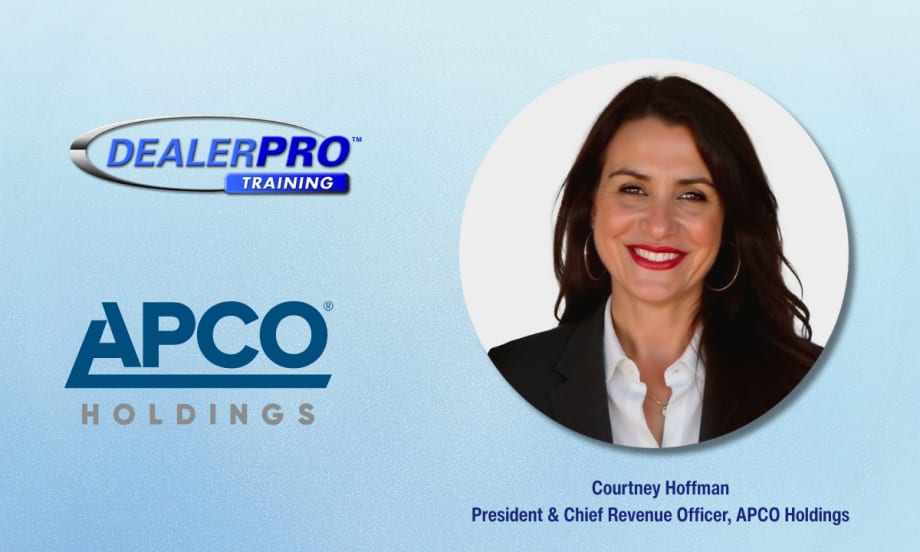 Graphic showing the DealerPRO Training and APCO Holdings logos alongside a headshot of Courtney Hoffman, President and Chief Revenue Officer of APCO Holdings.