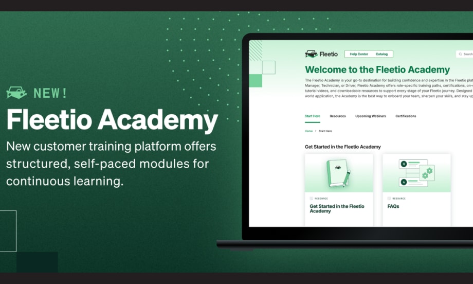 Green background with inset image of laptop screen and headline and white text for Fleetio Academy.