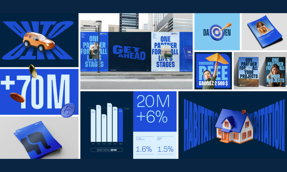 Collage of iA Financial Group’s new “Get Ahead” branding with billboards, charts, coins, a car, a house, and promotional graphics highlighting growth, savings, and client services.