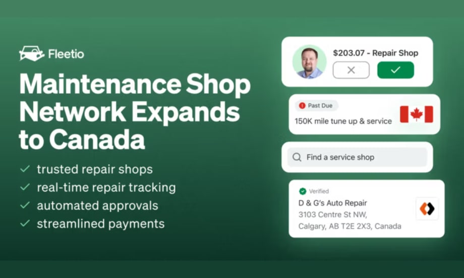 Fleetio graphic announcing Maintenance Shop Network expansion into Canada with features like trusted repair shops, real-time tracking, automated approvals, and streamlined payments.