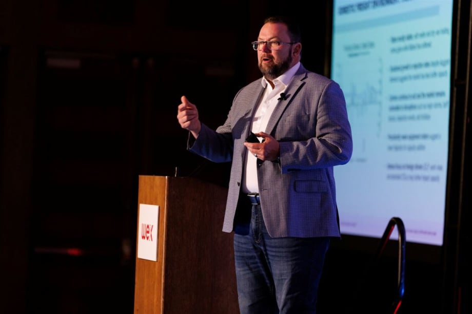 Werner Enterprises CEO Derek Leathers on stage at Wex OTR Summit