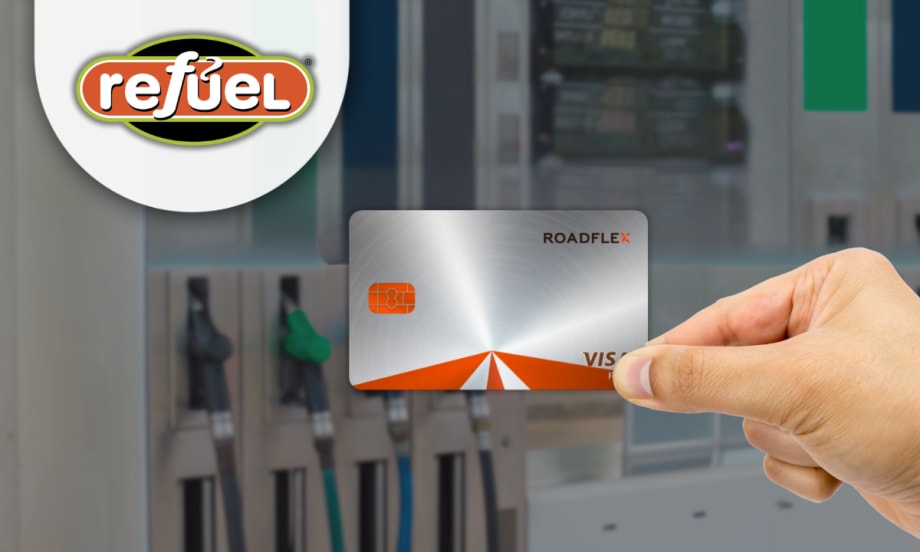 A person holds a RoadFlex Visa fleet card in front of a gas pump, with the Refuel logo visible in the background, representing the new partnership expanding fueling access for government fleets.