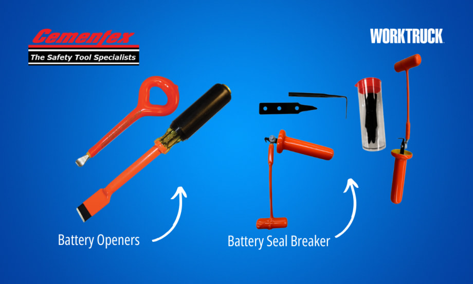 Cementex Battery Openers and Battery Seal Breakers on blue background