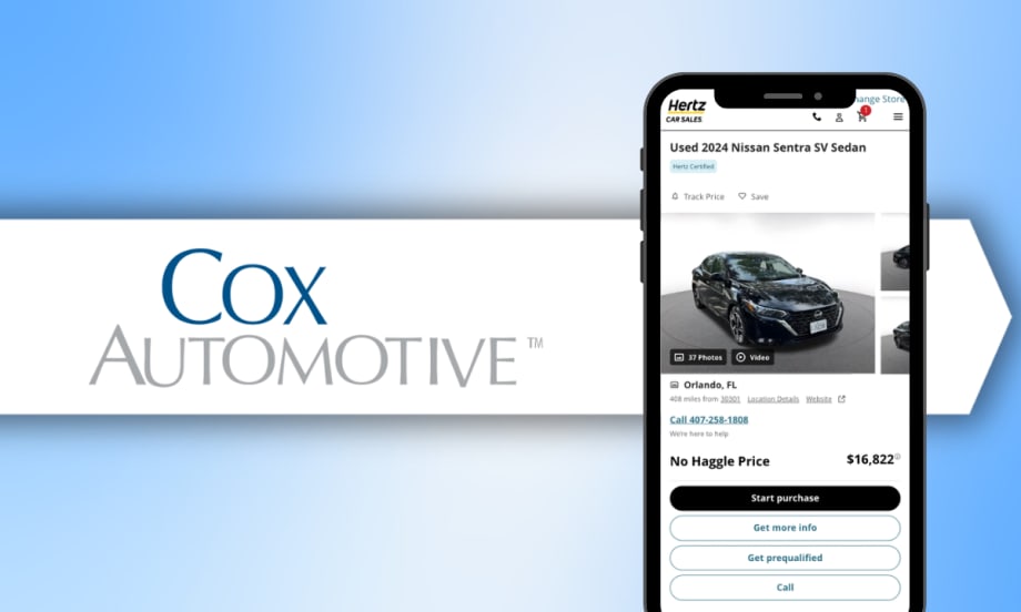 A smartphone displaying a Hertz Car Sales online listing sits beside the Cox Automotive logo, illustrating Cox’s new omnichannel car-buying platform.