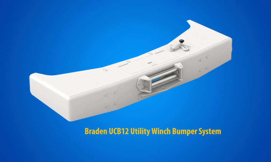 Photo of a white winch bumper against a blue background and yellow test for Braden UCB12 Utility Winch Bumper System.