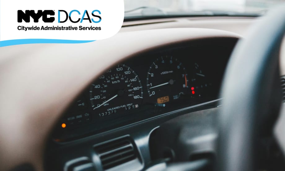 Close-up of a vehicle speedometer representing NYC DCAS efforts to implement Intelligent Speed Assistance technology across city fleet vehicles.