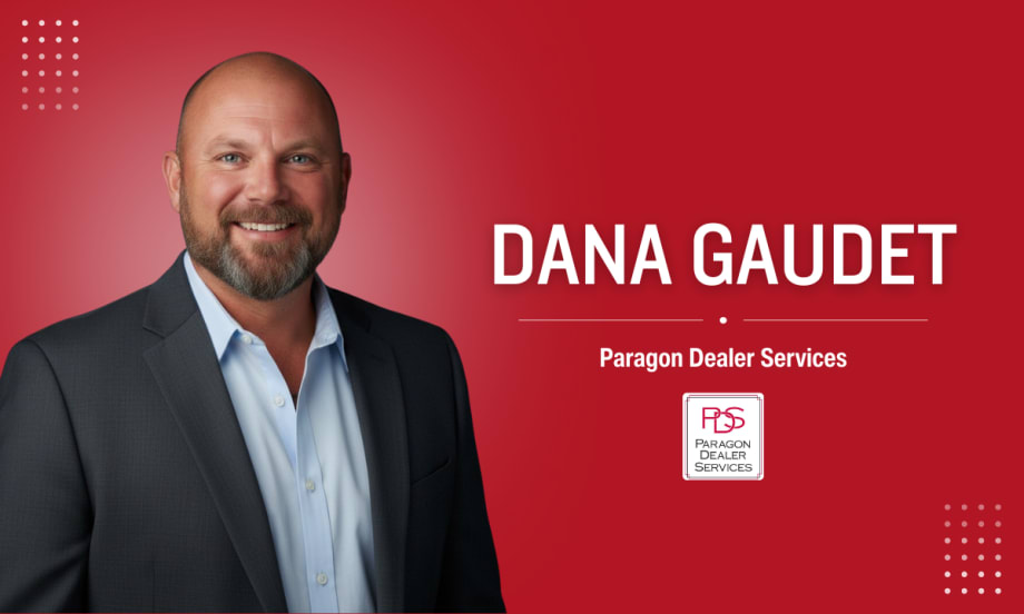 Portrait of Dana Gaudet, the new controlling owner of Paragon Dealer Services, standing in front of a red background with the company’s logo.