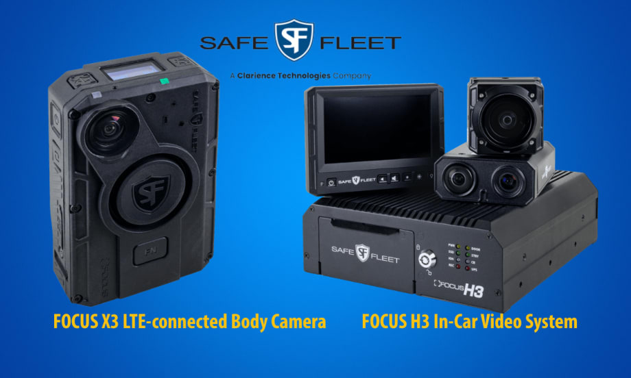Blue background with Safe Fleet logo and a body-worn camera and a dash camera n front.
