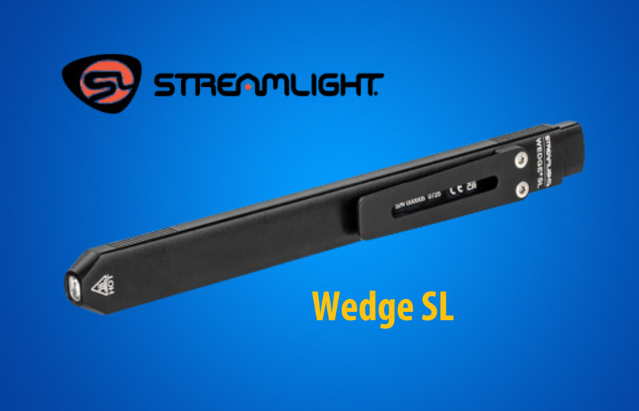 small pen like flashlight against a blue background with inset Streamlight logo.