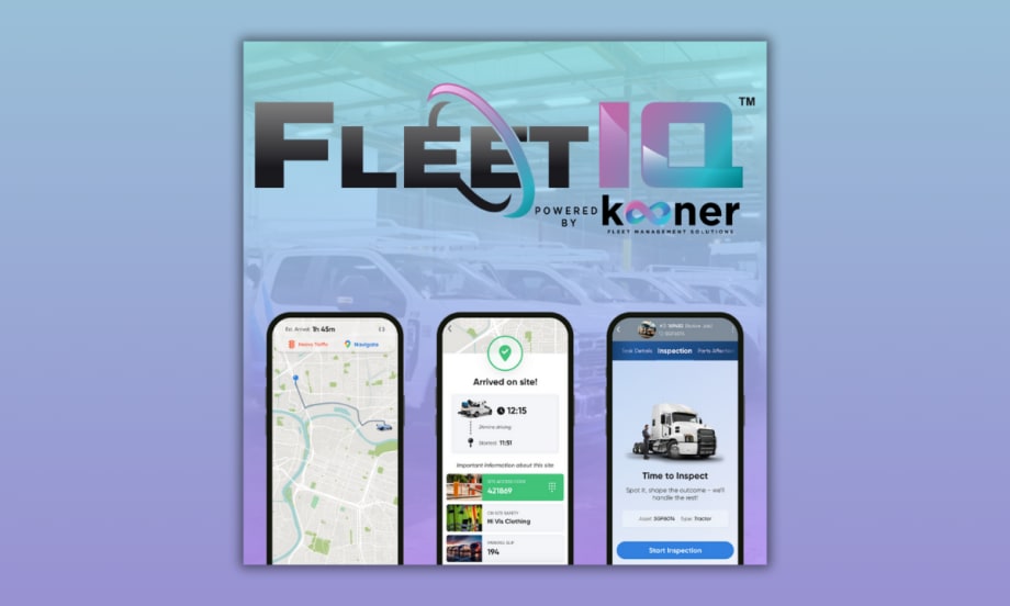 FleetIQ by Kooner Fleet Management Solutions graphic showing the FleetIQ logo and mobile app interface with map navigation, technician arrival, and vehicle inspection screens.
