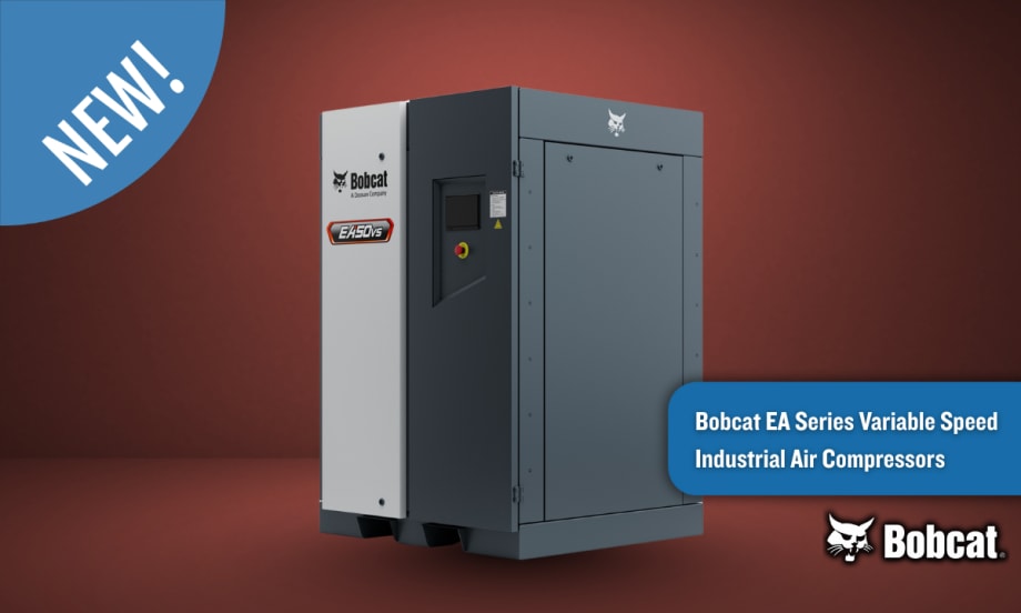 Bobcat EA50VS variable speed industrial air compressor displayed on a red background with text reading “Bobcat EA Series Variable Speed Industrial Air Compressors.”