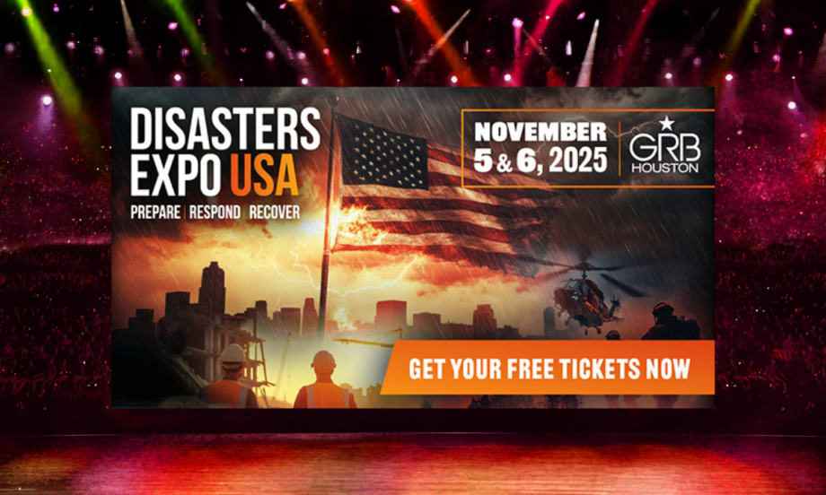 Disasters Expo USA banner promoting November 5–6, 2025, event in Houston, Texas, focused on preparation, response, and recovery with free ticket offer.