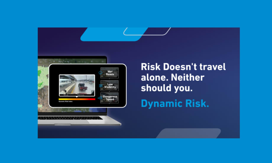 Blue background with an inset darker blue box with a computer image and statement Risk Doesn't travel alone neither should you.and Dynamic Risk logo.