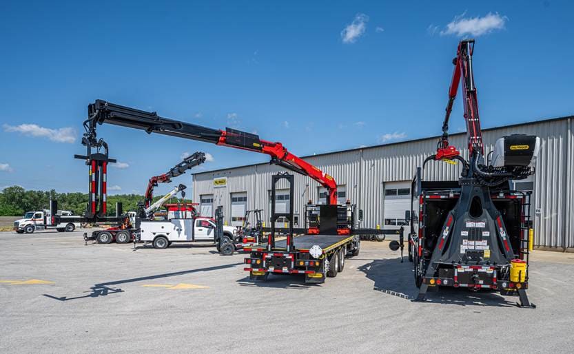PALFINGER forestry trucks and a mechanic truck with crane parked outside a building.