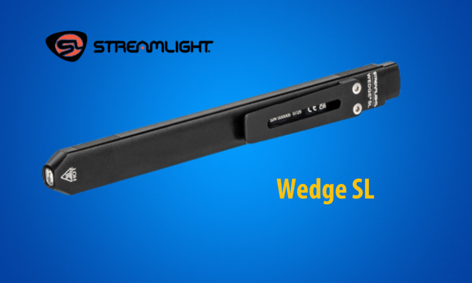 Thin black pen light against a blue background with logo for Streamlight and yellow text that reads Wedge SL.