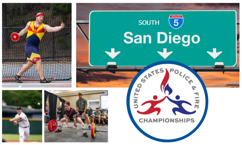 Images for three athletes - discus, weightlifting, baseball, and inset image of San Diego highway sign and logo for 2026 US Police and Fire Championships.