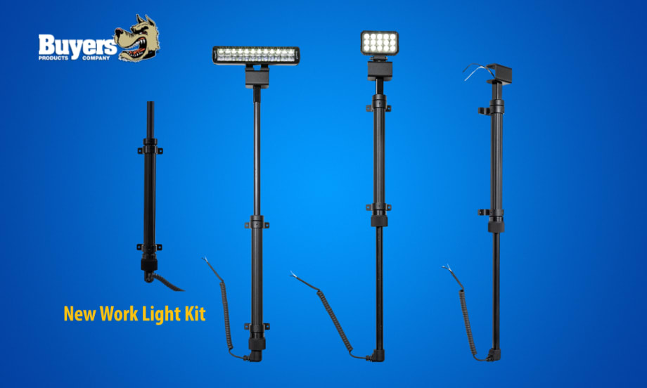 Set of work truck lights on extendable booms set against a blue background and a logo for Buyers Products.