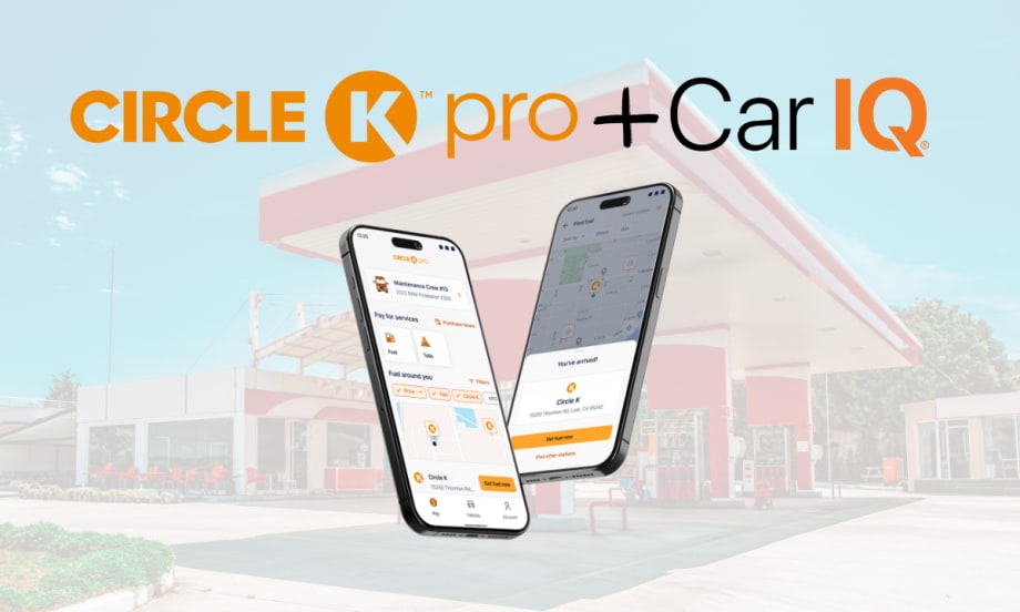 Two smartphones display the Circle K Pro Digital+ app for vehicle-based payments, shown in front of a Circle K fuel station.