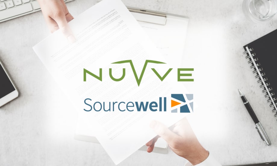 Logos of Nuvve and Sourcewell over a background of hands exchanging a contract, symbolizing their new partnership to support public fleet electrification.