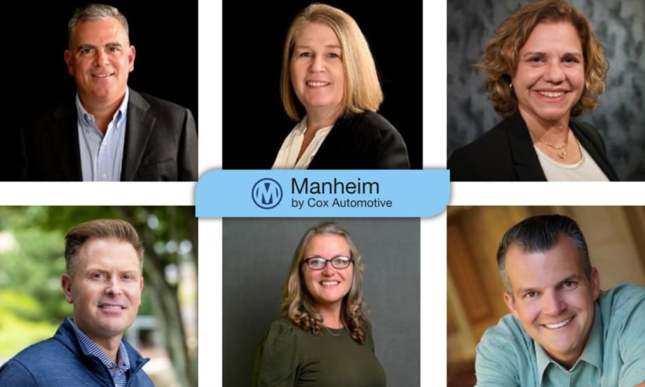 Six newly appointed Manheim general managers, each in professional headshots, representing new leadership across U.S. auction locations under Cox Automotive.