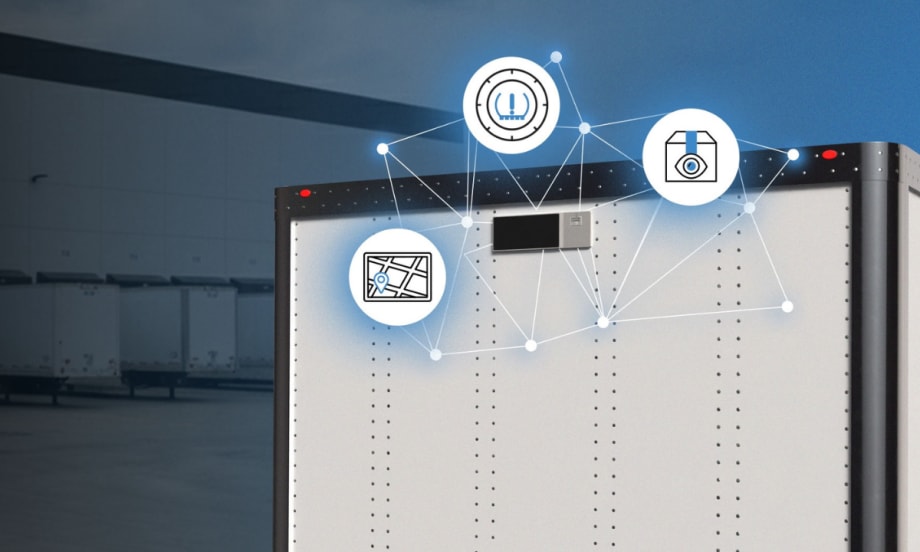 Close-up of a trailer equipped with Phillips Connect SolarNet 8000 Series showing connected icons for GPS tracking, cargo monitoring, and tire pressure data.