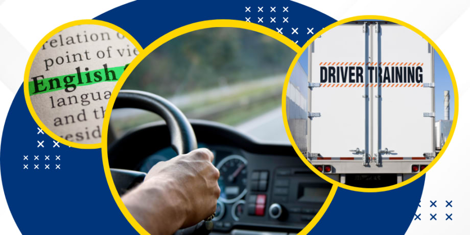 Illustration of truck driver behind the wheel, driver training truck