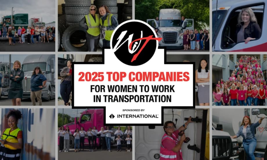 Collage of women working in trucking and logistics surrounding the Women In Trucking 2025 Top Companies for Women to Work in Transportation logo, sponsored by International.
