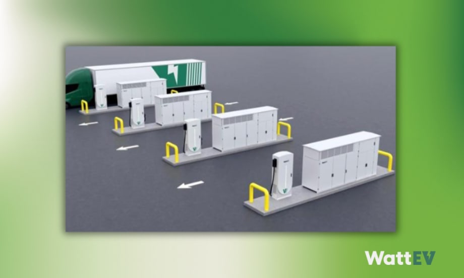 Rendering of a WattEV heavy-duty electric truck charging site showing multiple megawatt charging units connected by compact Solid-State Transformer cabinets.