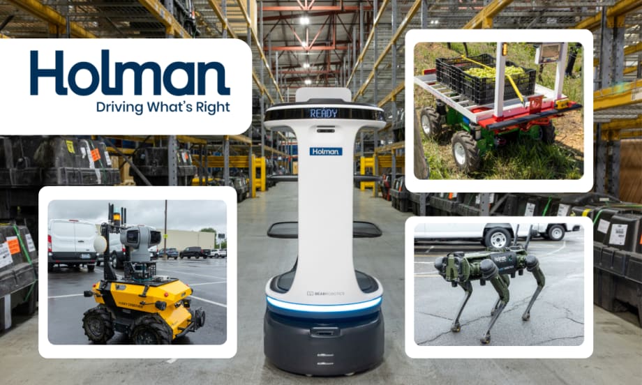 Background image of a robot in a warehouse with three inset images of other robots and a logo for Holman.